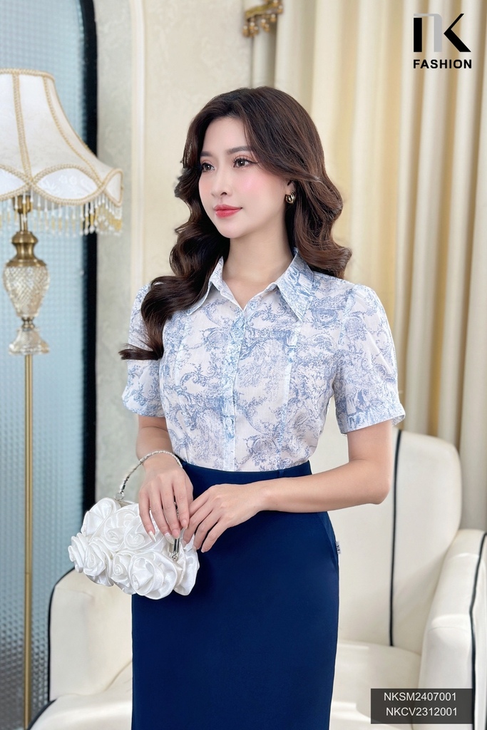Áo Sơ Mi Thô Mềm 7 Mảnh Hoạ Tiết NK Fashion Công Sở Nữ Thanh Lịch NKSM2407001