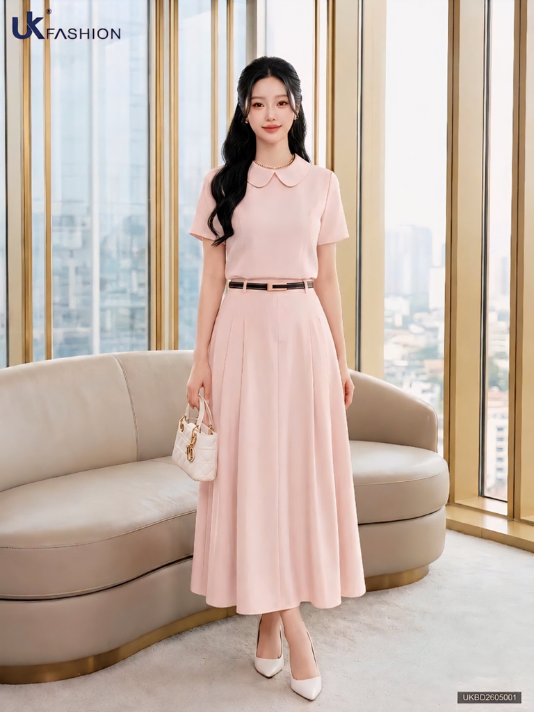 Set áo Linen cổ sen + chân váy xếp UKBD2605001 ( Bao gồm cả áo và chân váy )