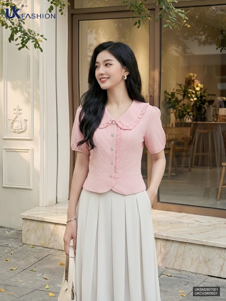Sơ mi chấm bi bèo cổ nẹp UKSM2607001 ( Áo rời, Không kèm CV/QU/PK )
