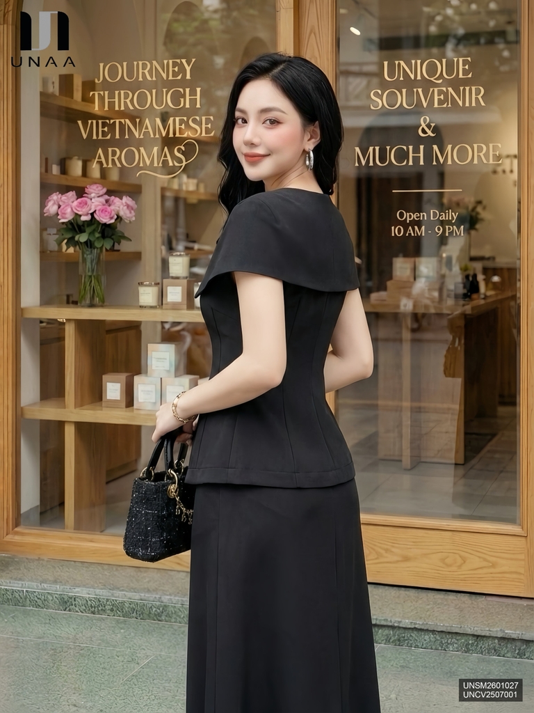 Sơ mi vai chờm cổ V lá mới lạ, sang trọng UNSM2601027