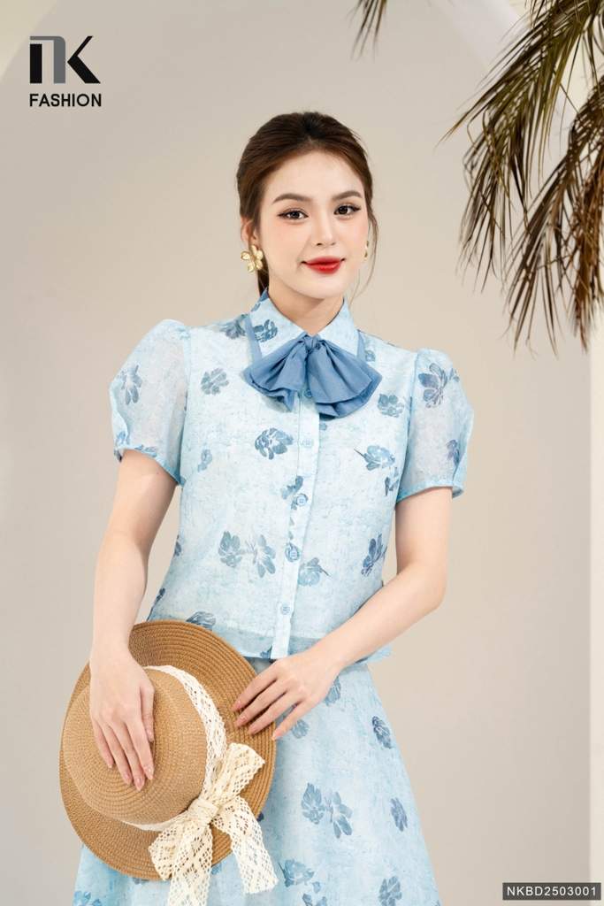 Set hoa cổ đức nơ và chân váy xòe xinh xắn, mát mẻ NKBD2503001 ( Áo + Chân váy )