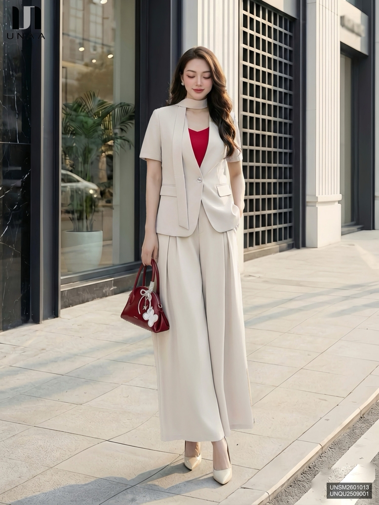 Blazer cộc tay không cổ trẻ trung, kèm khăn cổ dịu dàng UNSM2601013