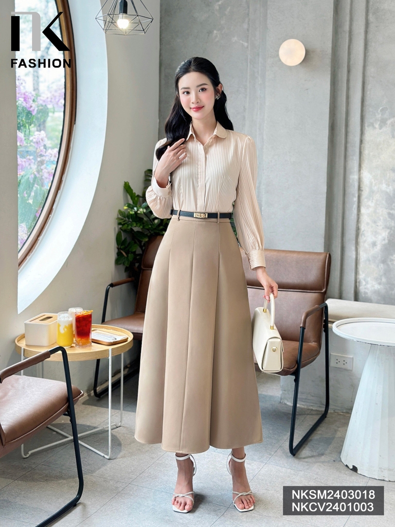NK Fashion Áo Sơ Mi Lụa Sọc Cổ Sen Tay Bồng Sang Chảnh, Thanh Lịch NKSM2403018