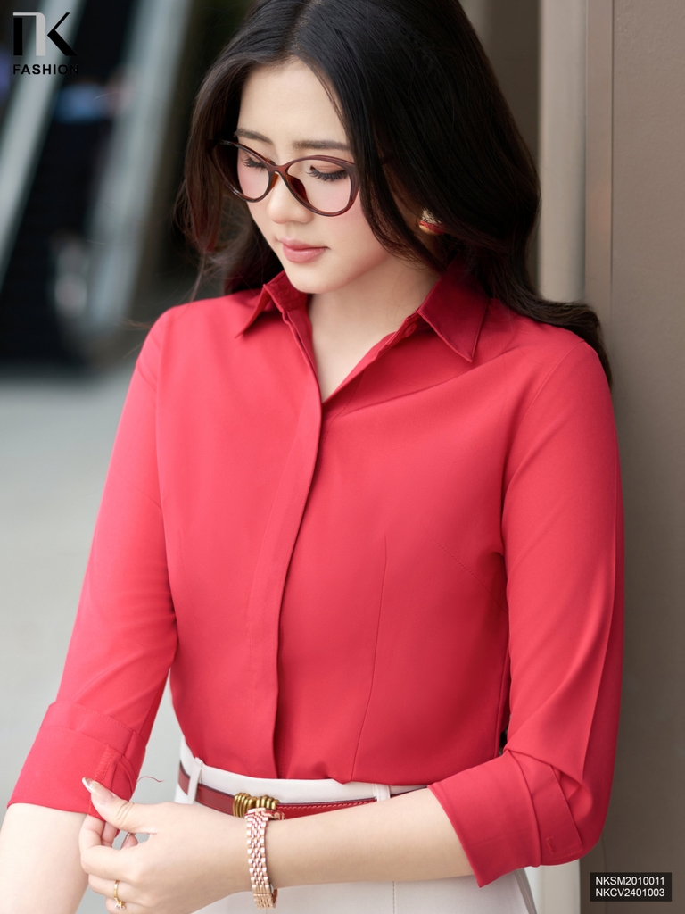 Áo Sơ Mi Dài Tay Cổ Đức Nẹp Dấu Khuy cơ bản phù hợp nhiều kiểu dáng NKSM2010011 ( Ko kèm QU/CV/PK)