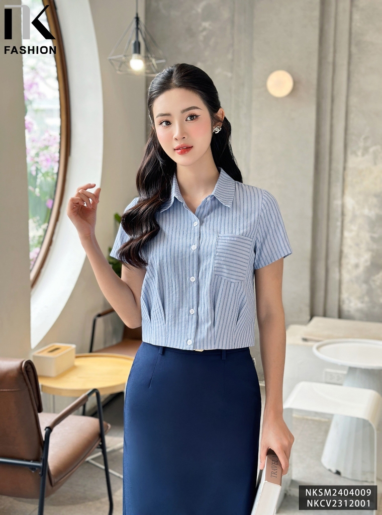 NK Fashion Áo Sơ Mi Kẻ Cổ Đức Túi Ốp Trẻ Trung, Nữ Tính NKSM2404009