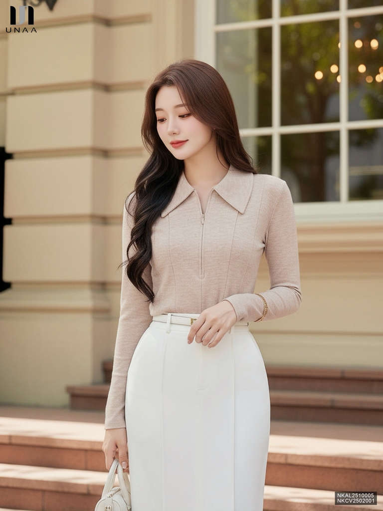 Áo len lá cổ khóa kiểu dáng lạ mắt, màu sắc nhã nhặn NKAL2510005