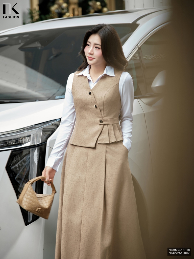 Chân váy text min dài xếp ghép set cùng màu sang mịn NKCV2510002