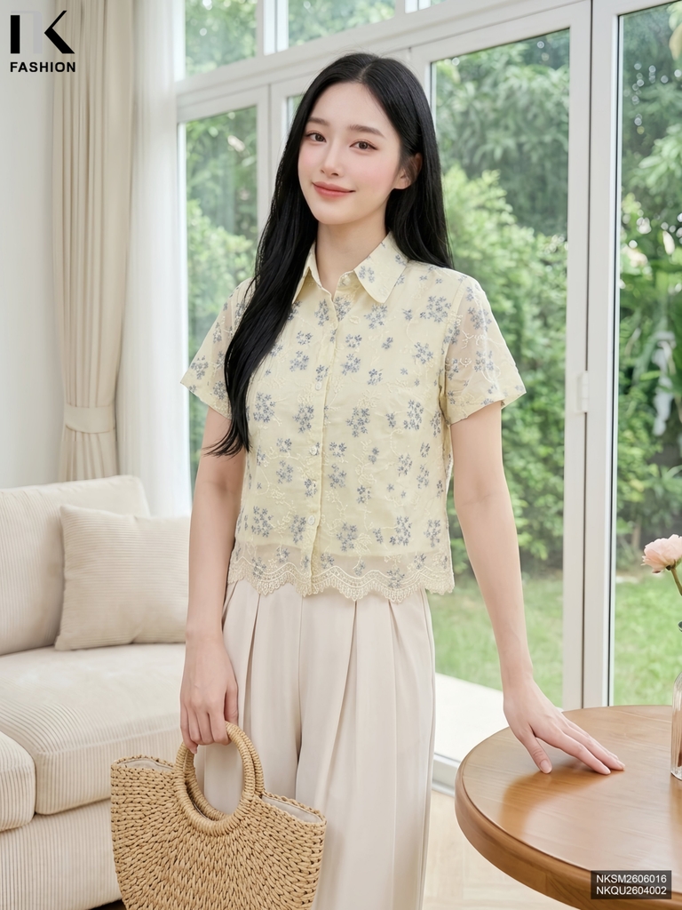 Sơ mi cổ đức hoa thô chân mát mẻ, kiểu cách NKSM2606016