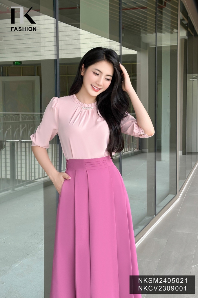 Áo Sơ Mi Cổ Bèo Đính Ngọc NK Fashion Công Sở Nữ Thanh Lịch Vải Mềm Mịn NKSM2405021