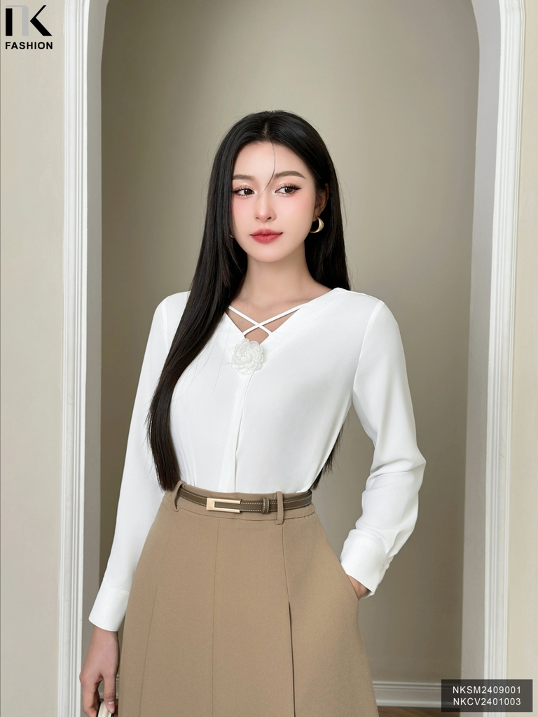 Sơ Mi Cổ V Hoa Cổ Nk Fashion Thời Trang Công Sở Trẻ Trung, Basic, Thanh Lịch NKSM2409001