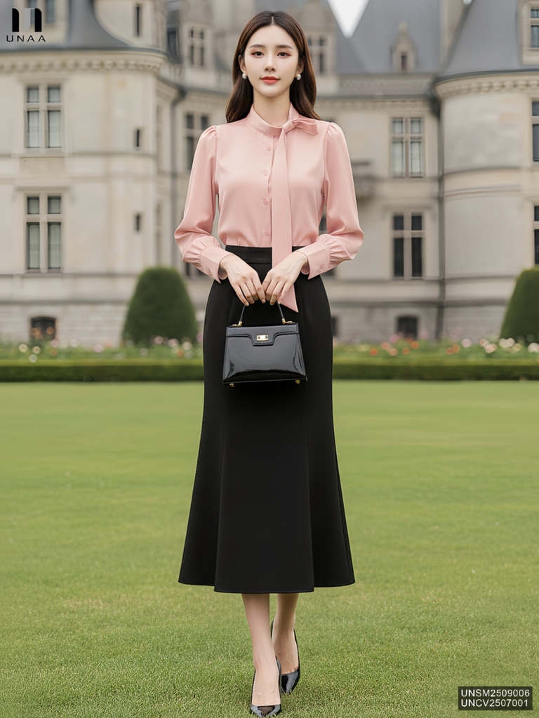 Sơ mi cổ tàu vạt nơ điệu đà, nữ tính UNSM2509006