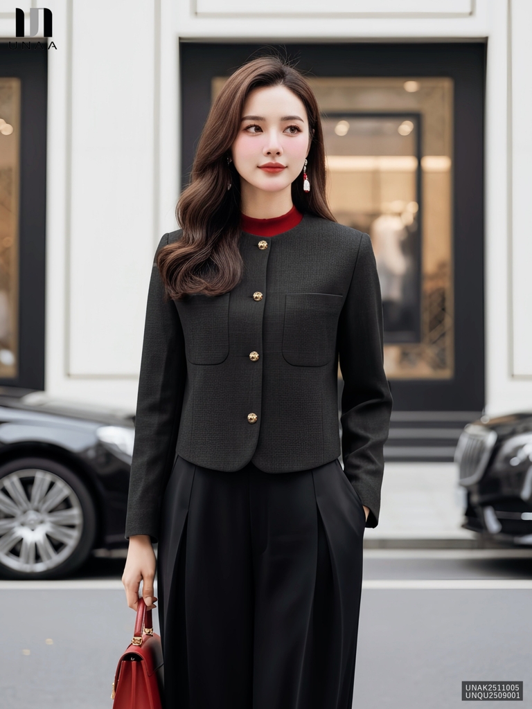 Áo khoác dạ cổ tròn 2 túi ốp dày dặn, ấm áp UNAK2511005