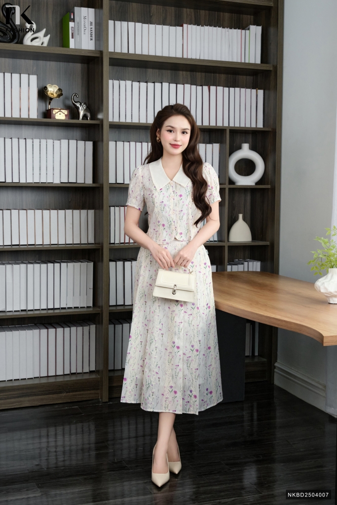 Set hoạ tiết dệt áo cổ sen nhọn + chân váy xoè xinh xắn NKBD2504007