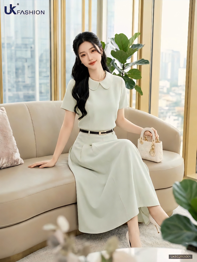 Set áo Linen cổ sen + chân váy xếp UKBD2605001 ( Bao gồm cả áo và chân váy )