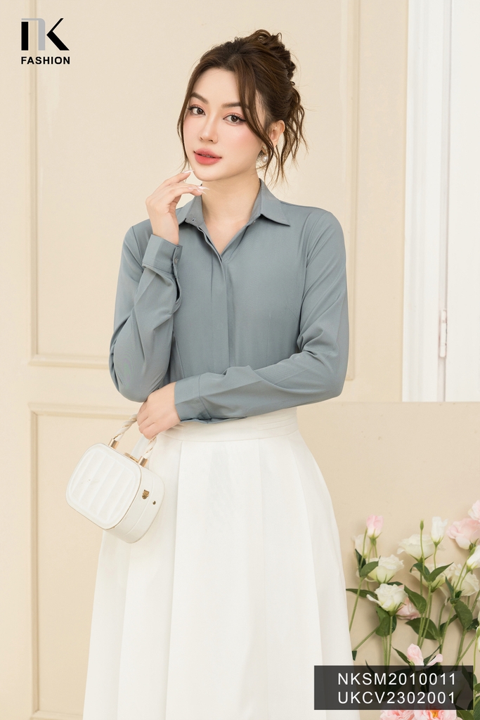 Áo Sơ Mi Dài Tay Cổ Đức Nẹp Dấu Khuy cơ bản phù hợp nhiều kiểu dáng NKSM2010011 ( Ko kèm QU/CV/PK)