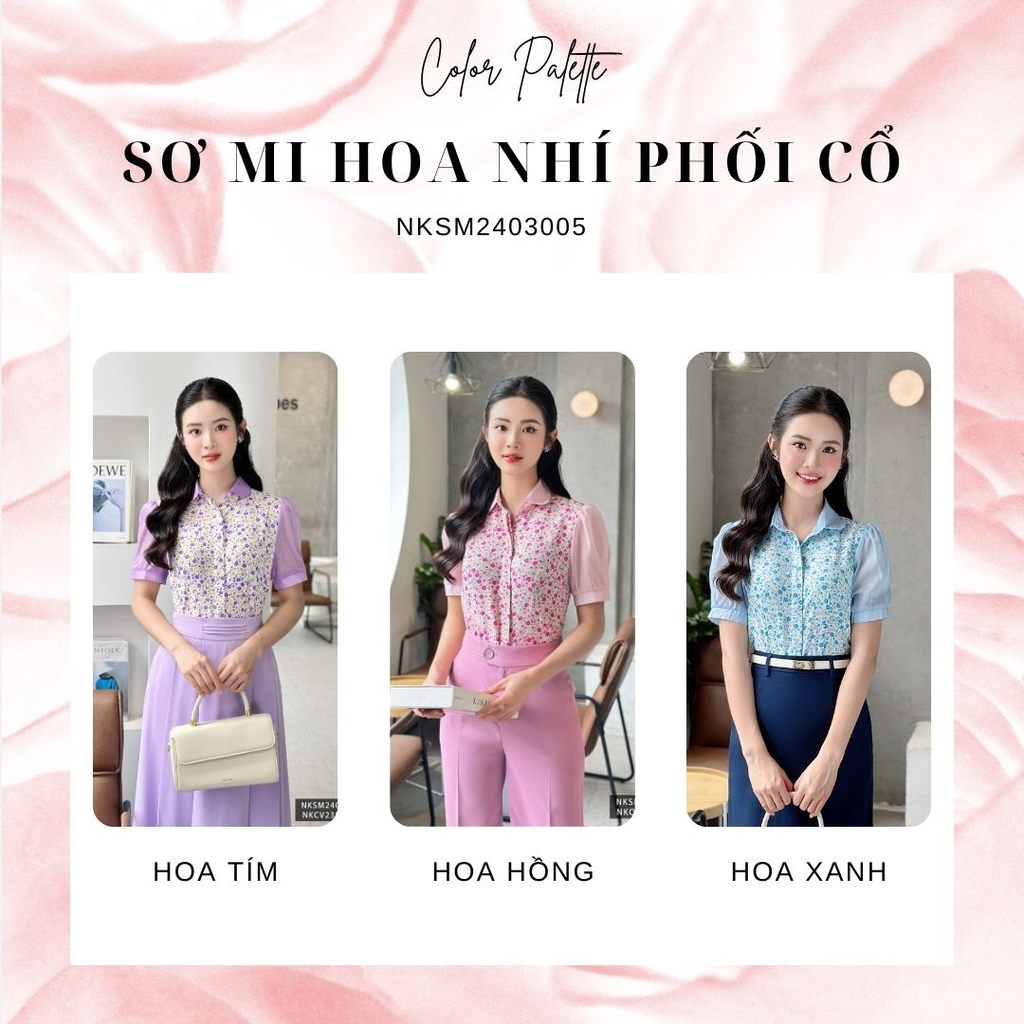 NK Fashion Áo Sơ Mi Hoa Nhí Phối Cổ Nữ Tính, Thanh Lịch NKSM2403005