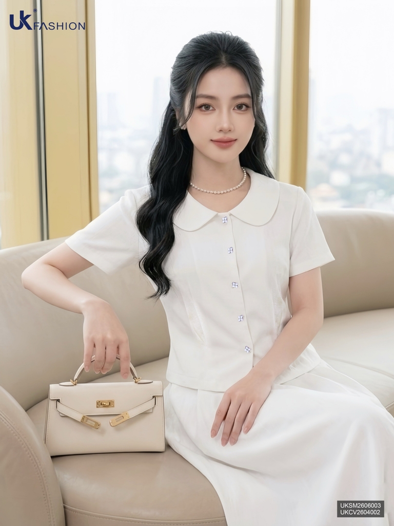 Set linen áo cổ sen hoa mai + chân váy xòe UKBD2606006 ( Cả áo + chân váy )