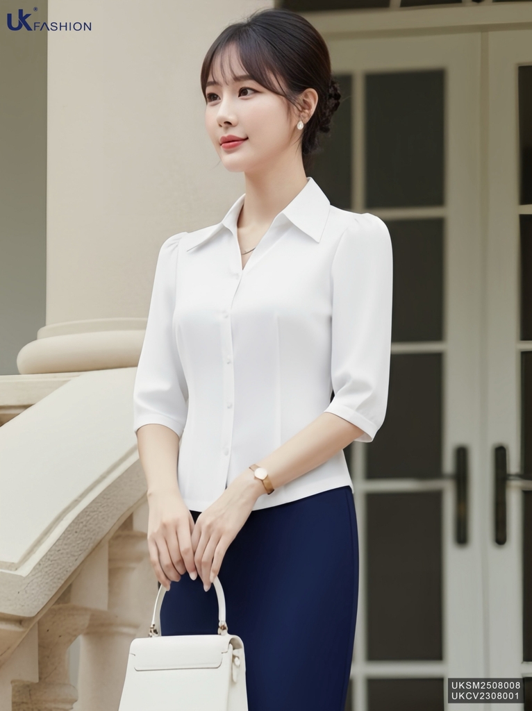 Sơ mi V cổ tay lỡ thanh lịch, dịu dàng UKSM2508008