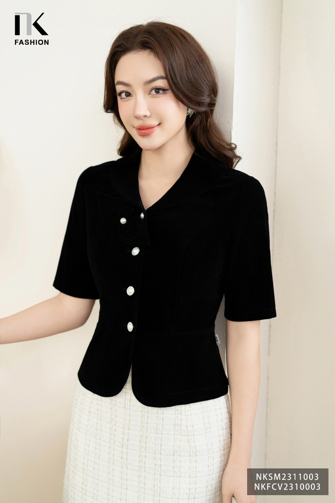 NK Fashion Áo Sơ Mi Nhung Nơ Vai, Sang Trọng NKSM2311003