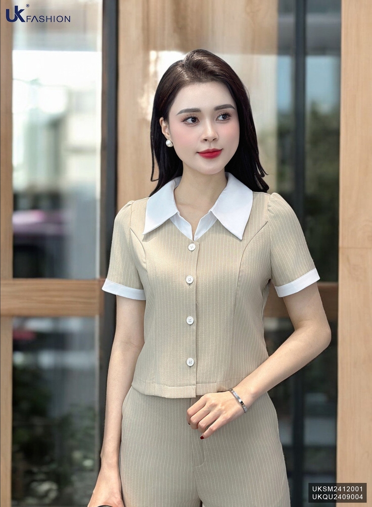 Sơ Mi Kẻ Cúc Nẹp Phối Cổ Đức Thanh Lịch, Trẻ Trung UKSM2412001 ( Ko kèm QU/CV/PK)