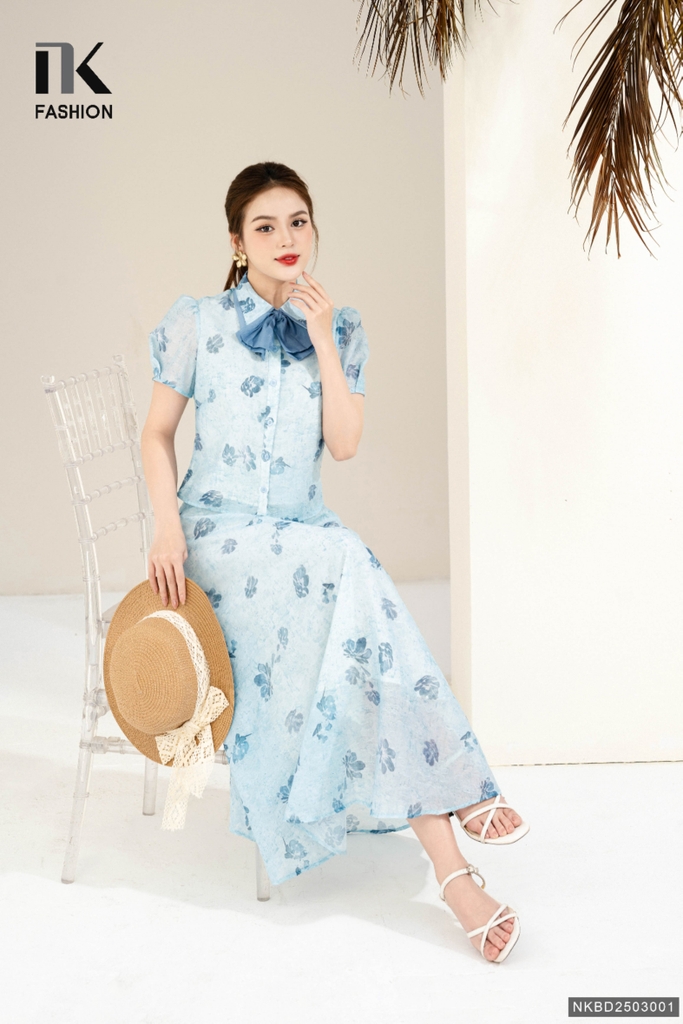 Set hoa cổ đức nơ và chân váy xòe xinh xắn, mát mẻ NKBD2503001 ( Áo + Chân váy )