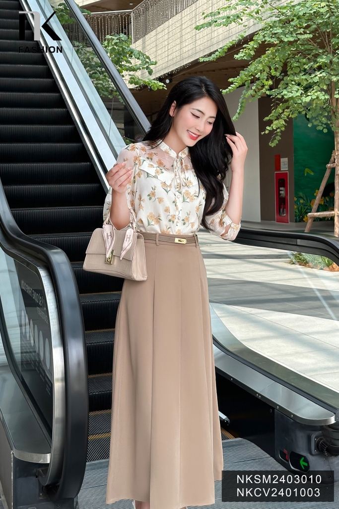 Áo Sơ Mi Tơ Hoa Cổ Tàu Buộc Nơ NK Fashion Công Sở Nữ Thanh Lịch, Nữ Tính NKSM2403010