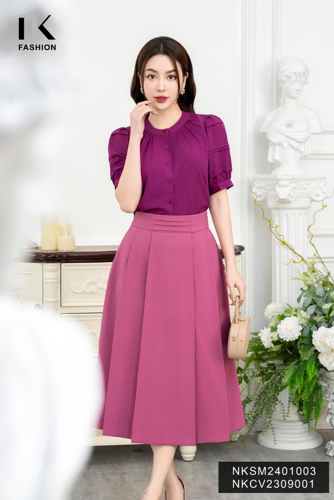NK Fashion Áo Sơ Mi Cổ Tàu Tròn Mí Tay Nữ Tính, Cách Điệu NKSM2401003