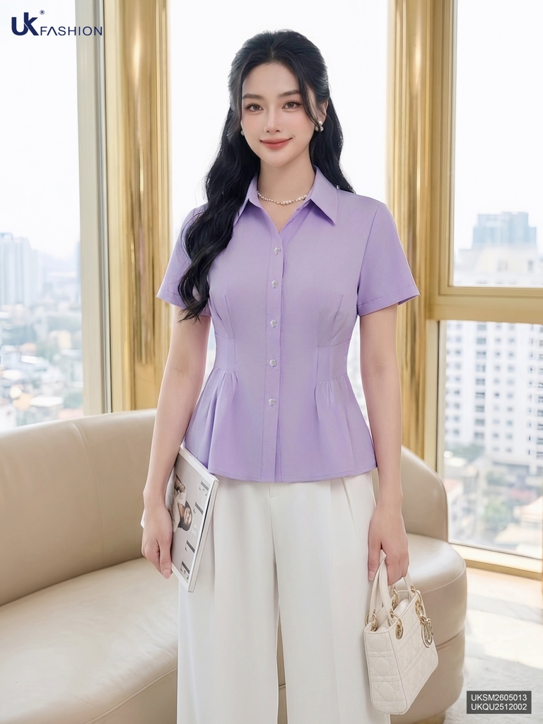 Sơ mi cổ đức nhún eo đơn giản, mềm mát UKSM2605013