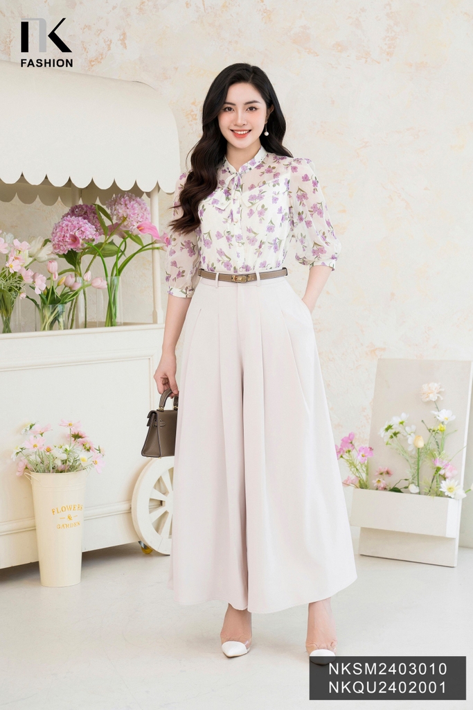 Áo Sơ Mi Tơ Hoa Cổ Tàu Buộc Nơ NK Fashion Công Sở Nữ Thanh Lịch, Nữ Tính NKSM2403010