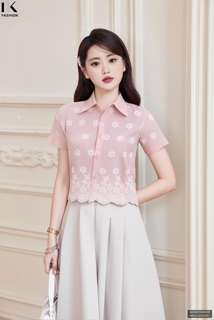 Sơ mi cổ đức dệt chân nổi xinh, điệu, sẵn sàng lên đồ