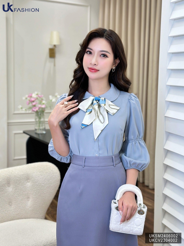 Áo Sơ Mi Cổ Sen Chun Tay UK Fashion Công Sở Nữ Thanh Lịch, Nữ Tính UKSM2406002