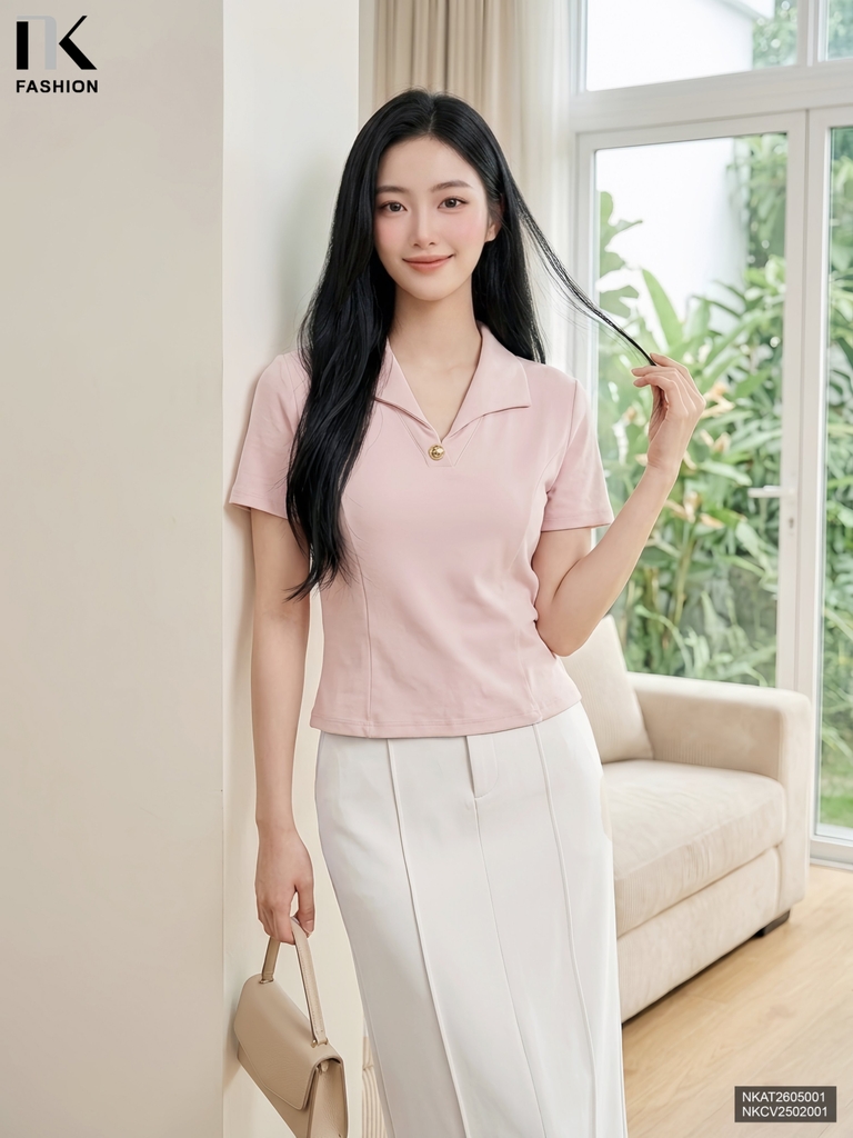 Áo thun V lá cổ mềm nhẹ, trẻ trung NKAT2605001