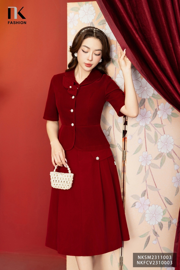 NK Fashion Áo Sơ Mi Nhung Nơ Vai, Sang Trọng NKSM2311003