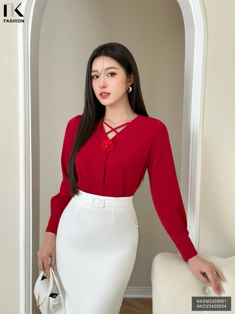 Sơ Mi Cổ V Hoa Cổ Nk Fashion Thời Trang Công Sở Trẻ Trung, Basic, Thanh Lịch NKSM2409001