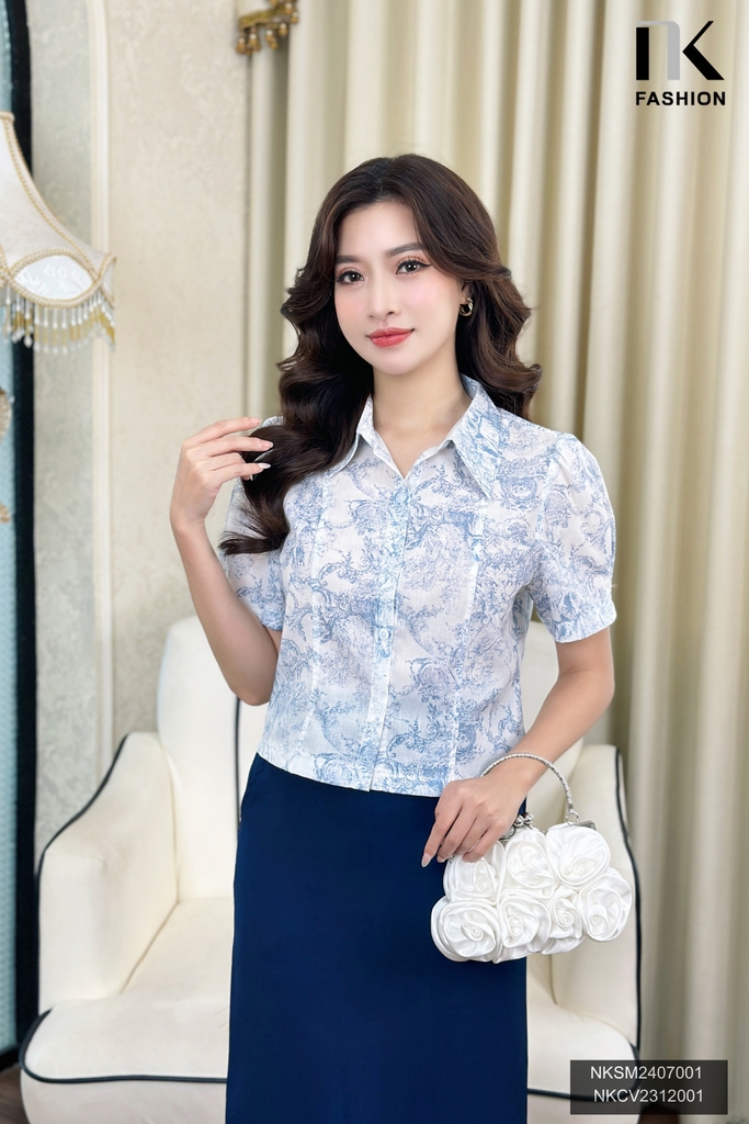 Áo Sơ Mi Thô Mềm 7 Mảnh Hoạ Tiết NK Fashion Công Sở Nữ Thanh Lịch NKSM2407001