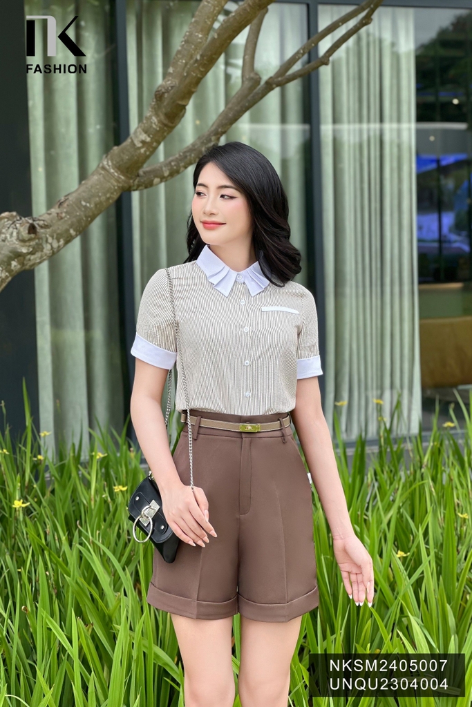 Áo Sơ Mi Kẻ Cổ Xếp NK Công Sở Nữ Thanh Lịch Vải Mềm Mịn NKSM2405007