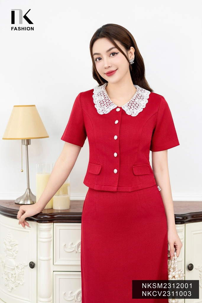 Áo Sơ Mi Text Cổ Ren Dệt, Nữ Tính, Thanh Lịch, Trẻ Trung NKSM2312001