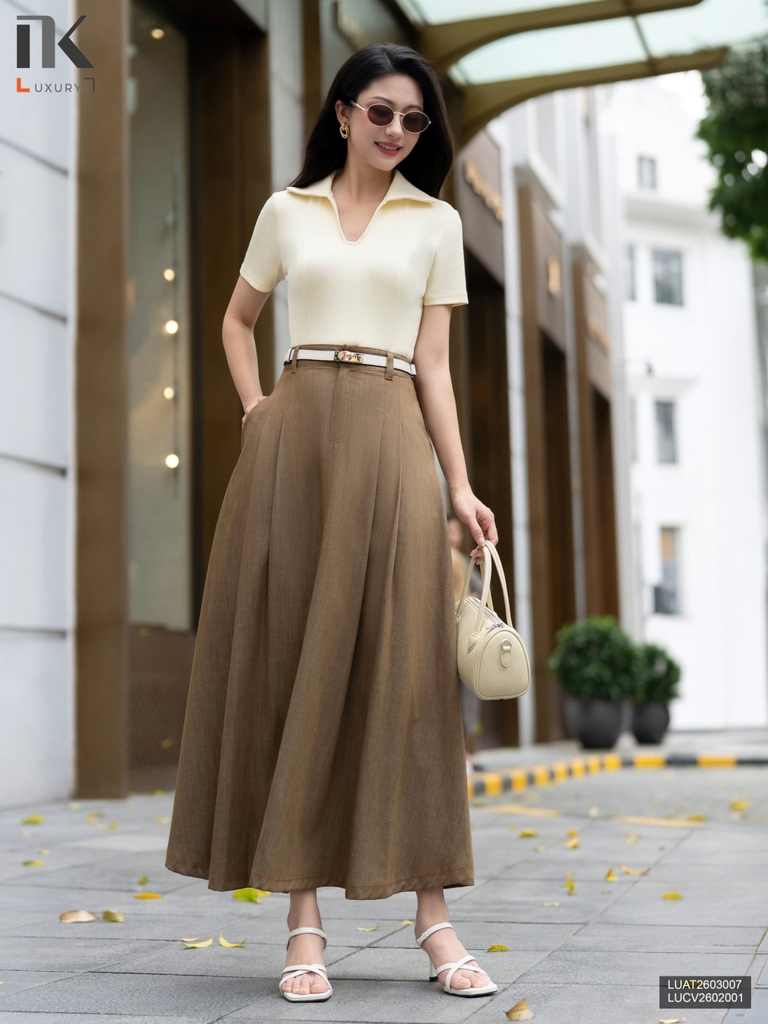 Chân váy denim khóa môi dáng xòe thoải mái, mềm điệu LUCV2602001