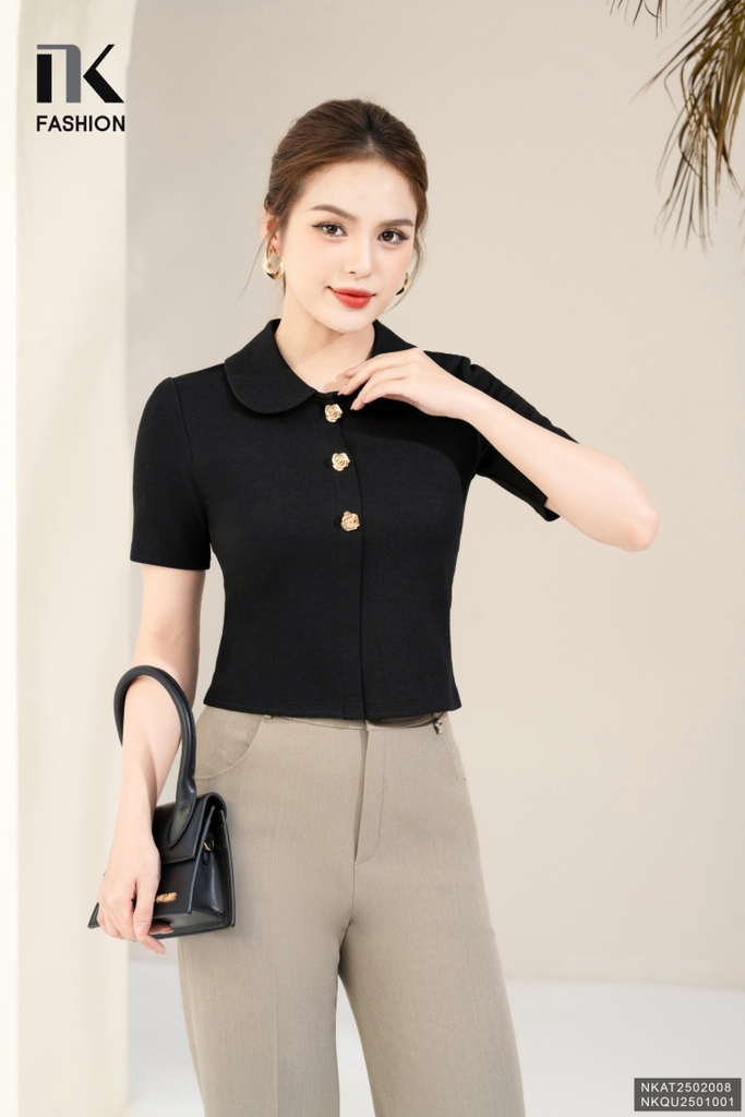 Áo thun cổ sen nẹp dọc 3 cúc hoa xinh xắn, trẻ trung, chất lượng NKAT2502008