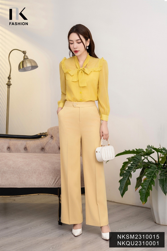 Quần Ống Rộng Cá Sườn Cúc Bọc Viền, Thanh Lịch NKQU2310001