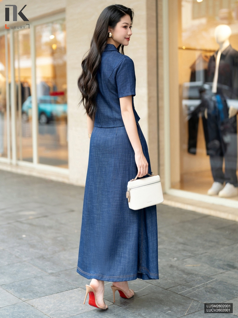 Chân váy denim khóa môi dáng xòe thoải mái, mềm điệu LUCV2602001