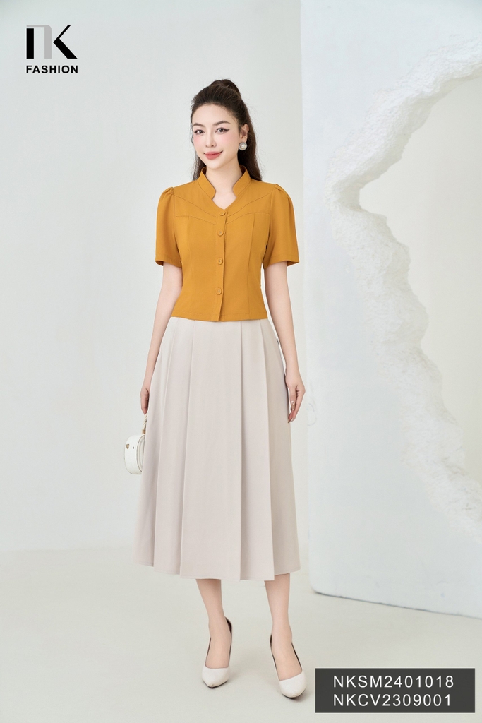 NK Fashion Áo Sơ Mi Cổ Tàu V Cúc Bọc Trẻ Trung, Thanh Lịch, Thời Trang NKSM2401018