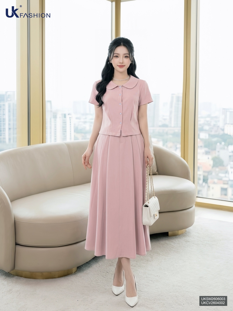 Set linen áo cổ sen hoa mai + chân váy xòe UKBD2606006 ( Cả áo + chân váy )
