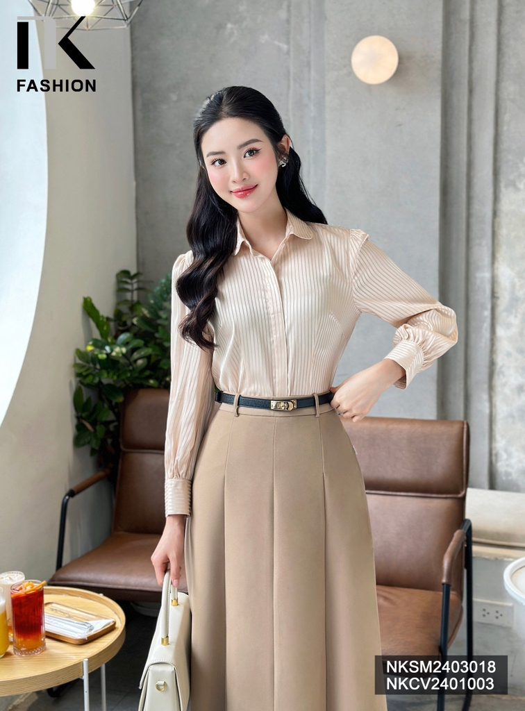 NK Fashion Áo Sơ Mi Lụa Sọc Cổ Sen Tay Bồng Sang Chảnh, Thanh Lịch NKSM2403018