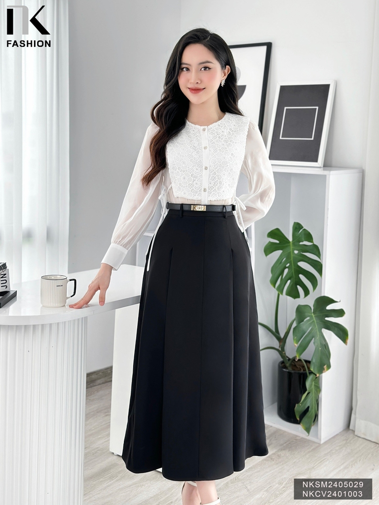 Sơ Mi Tơ Dài Tay Phối Ren NK Fashion Công Sở Nữ Thanh Lịch, Nữ Tính Vải Mềm Mịn NKSM2405029