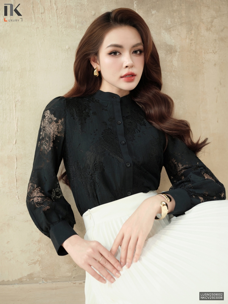 Sơ mi ren cổ tàu phối phong cách sang trẻ LUSM2509002