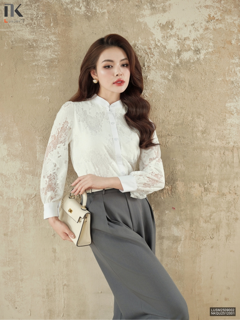 Sơ mi ren cổ tàu phối phong cách sang trẻ LUSM2509002