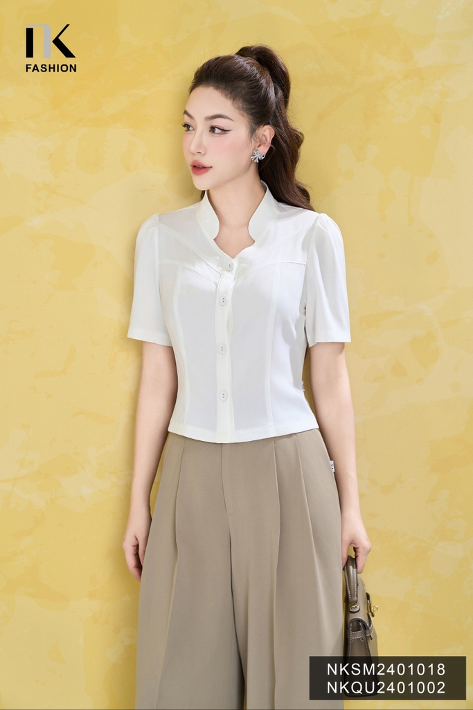 NK Fashion Áo Sơ Mi Cổ Tàu V Cúc Bọc Trẻ Trung, Thanh Lịch, Thời Trang NKSM2401018