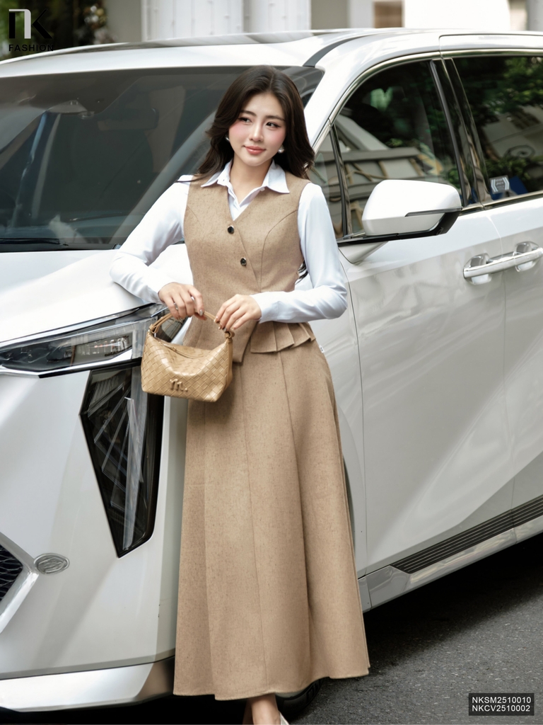 Chân váy text min dài xếp ghép set cùng màu sang mịn NKCV2510002
