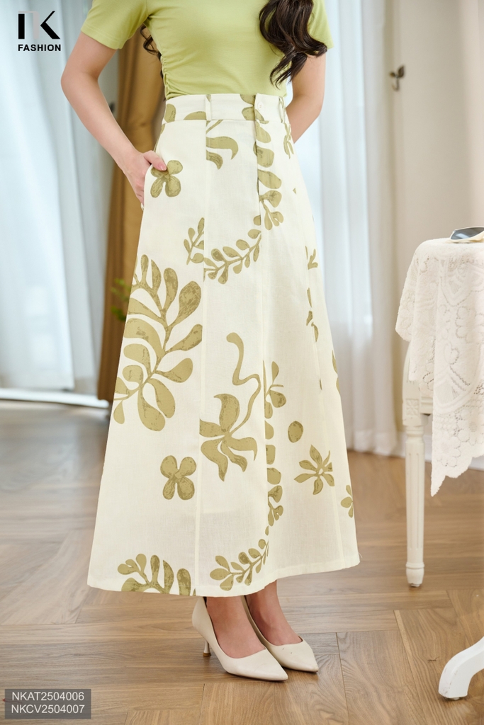 Chân váy hoạ tiết Linen xoè kiểu dáng mới, tươi mát chào hè NKCV2504007